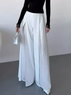 Pantalon palazzo femme à jambes larges double épaisseur de maille fendue fluide taille haute