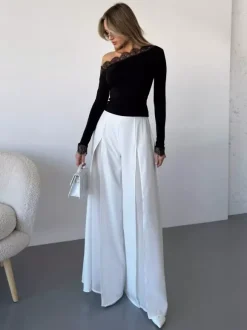 Pantalon palazzo femme à jambes larges double épaisseur de maille fendue fluide taille haute