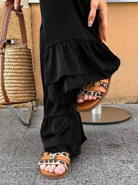 Pantalon large en satin à volants et taille élastique pour femme pantalon décontracté