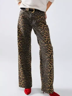 Pantalon marron taille haute imprimé léopard