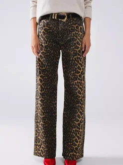 Pantalon marron taille haute imprimé léopard