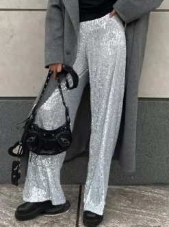 Pantalon Paillettes Argentées Taille Haute