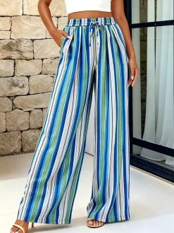 Pantalon palazzo à rayures bohèmes pour femme - Imprimé vertical taille haute cordon de serrage - Collection été 2026