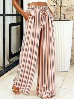 Pantalon palazzo à rayures bohèmes pour femme - Imprimé vertical taille haute cordon de serrage - Collection été 2026