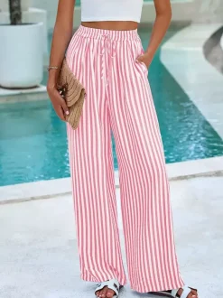 Pantalon palazzo à rayures bohèmes pour femme - Imprimé vertical taille haute cordon de serrage - Collection été 2026