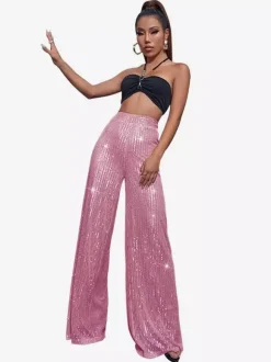 Pantalon palazzo à sequins taille haute et jambes larges style clubwear.