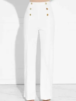 Pantalons Femmes Décontractés Longs Coupe Cintrée à Zip Décors avec Boutonnages Unicolore
