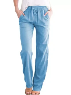 Pantalons Longs Femme Coupe Cintrée à Lacets avec Poches Unicolore