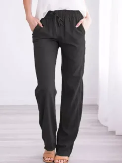 Pantalons Longs Femme Coupe Cintrée à Lacets avec Poches Unicolore