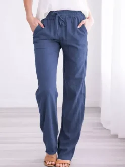 Pantalons Longs Femme Coupe Cintrée à Lacets avec Poches Unicolore