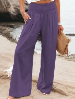 Pantalons Longs Femme Décontracté Coupe Cintrée Bas Evasée Unicolore