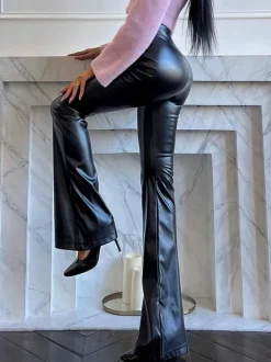 Pantalon taille haute en cuir PU noir