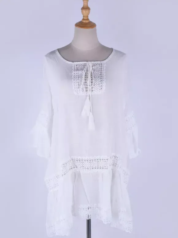 Paréo blanc à manches courtes en dentelle robe courte maillot de bain d'été pour la plage