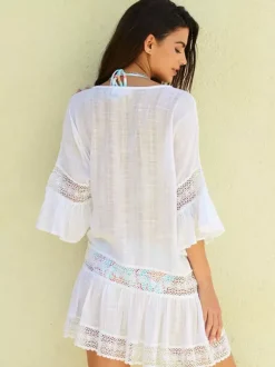 Paréo blanc à manches courtes en dentelle robe courte maillot de bain d'été pour la plage