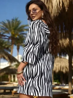 Paréo jaune à manches longues et imprimé géométrique robe courte en résille maillot de bain d'été pour la plage