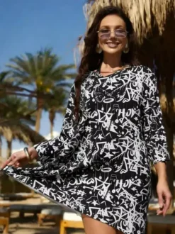Paréo jaune à manches longues et imprimé géométrique robe courte en résille maillot de bain d'été pour la plage