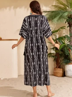 Paréos robes maxi oversize à cordon de serrage manches mi-longues col en V maillots de bain verts décontractés pour la plage