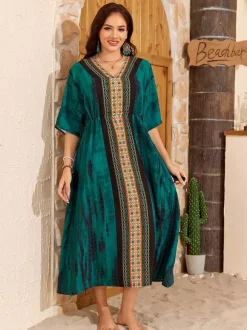 Paréos robes maxi oversize à cordon de serrage manches mi-longues col en V maillots de bain verts décontractés pour la plage