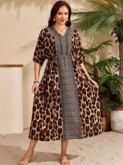 Paréos robes maxi oversize à cordon de serrage manches mi-longues col en V maillots de bain verts décontractés pour la plage