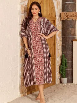 Paréos robes maxi oversize à cordon de serrage manches mi-longues col en V maillots de bain verts décontractés pour la plage