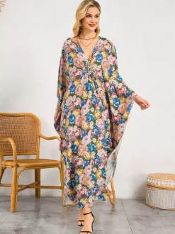 Paréos robes maxi oversize à manches longues imprimé léopard col en V manches chauve-souris maillots de bain de plage colorés et décontractés