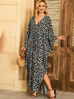 Paréos robes maxi oversize à manches longues imprimé léopard col en V manches chauve-souris maillots de bain de plage colorés et décontractés