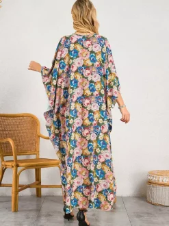 Paréos robes maxi oversize à manches longues imprimé léopard col en V manches chauve-souris maillots de bain de plage colorés et décontractés