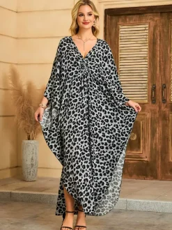 Paréos robes maxi oversize à manches longues imprimé léopard col en V manches chauve-souris maillots de bain de plage colorés et décontractés