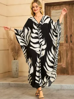 Paréos robes maxi oversize à manches longues imprimé léopard col en V manches chauve-souris maillots de bain de plage colorés et décontractés