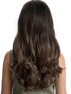 Perruque Synthétique Longues Femme Invisible Prothèse Capillaire Marron Brun Frisés
