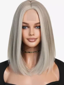 Perruque synthétique mi-longue à cheveux raides et méchés avec dentelle frontale pour femme 2026