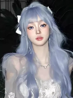 Perruque Lolita douce longue ébouriffée en fibre résistante à la chaleur bleu ciel clair accessoires Lolita