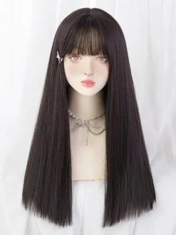 Perruque Mignonne Longue Noire Frange Accessoires Lolita