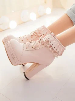 Pink Lolita Bottes PU Cuir Round Toe Heel Chunky Tops Low Tops Lolita Footwear
