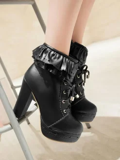 Pink Lolita Bottes PU Cuir Round Toe Heel Chunky Tops Low Tops Lolita Footwear