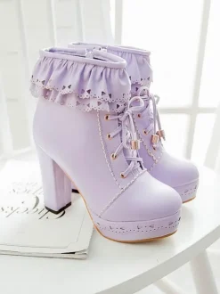 Pink Lolita Bottes PU Cuir Round Toe Heel Chunky Tops Low Tops Lolita Footwear
