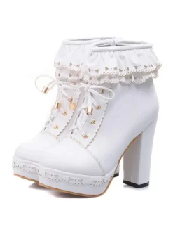 Pink Lolita Bottes PU Cuir Round Toe Heel Chunky Tops Low Tops Lolita Footwear