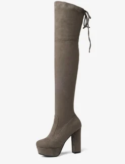 Plate-forme cuissardes femmes tissu élastique à lacets bout en amande talon épais sur les bottes au genou