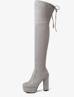 Plate-forme cuissardes femmes tissu élastique à lacets bout en amande talon épais sur les bottes au genou