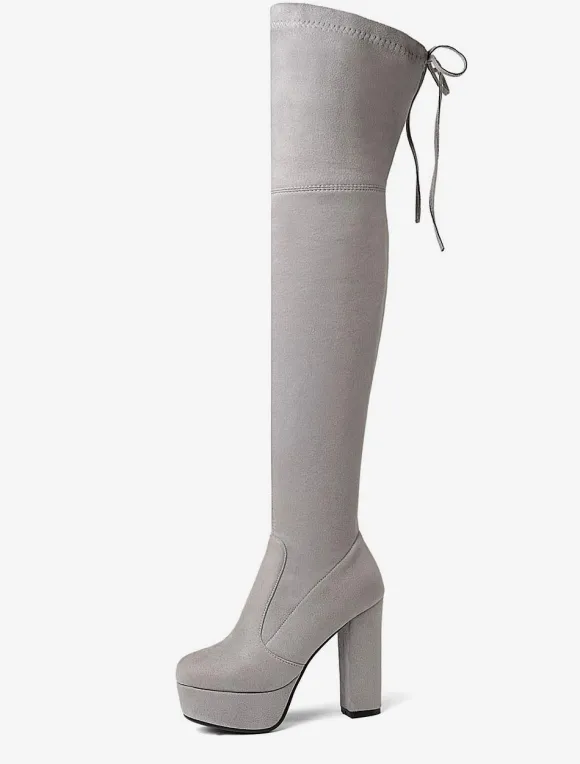 Plate-forme cuissardes femmes tissu élastique à lacets bout en amande talon épais sur les bottes au genou