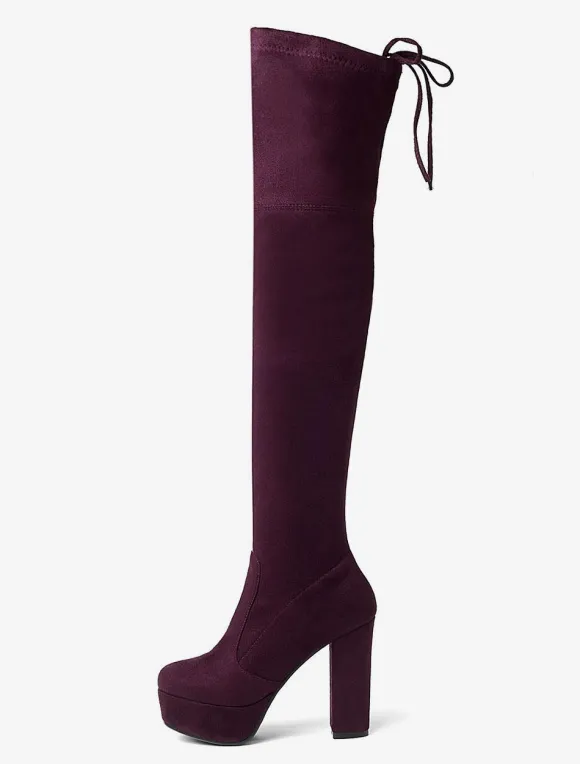 Plate-forme cuissardes femmes tissu élastique à lacets bout en amande talon épais sur les bottes au genou