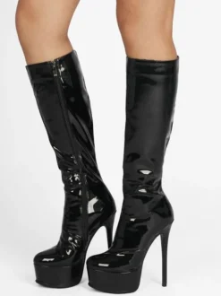 Plate-forme pour femmes talon aiguille bottes hautes en cuir verni