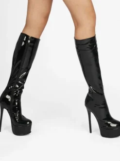 Plate-forme pour femmes talon aiguille bottes hautes en cuir verni