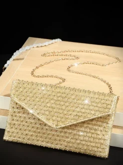 Pochette enveloppe entièrement ornée de strass bandoulière chaîne amovible sac à main scintillant pour soirée mariage