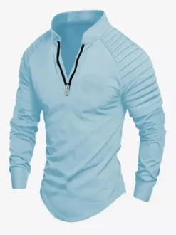 Polo pour homme à col en V et manches longues avec fermeture éclair coupe standard gris jolis polos