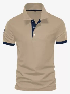 Polo Homme Col Rabattu Manches Courtes Boutons Classique Bleu Marine Foncé Chic