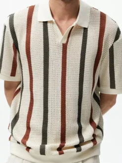 Polo Homme Tricoté Col Rabattu Manches Courtes Boutons Vintage Beige Chic
