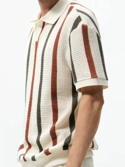 Polo Homme Tricoté Col Rabattu Manches Courtes Boutons Vintage Beige Chic
