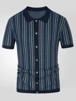 Polo T-Shirt À Revers Homme Rayé Manches Courtes Simple Boutonnage Décontracté