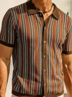 Polo T-Shirt À Revers Homme Rayé Manches Courtes Simple Boutonnage Décontracté